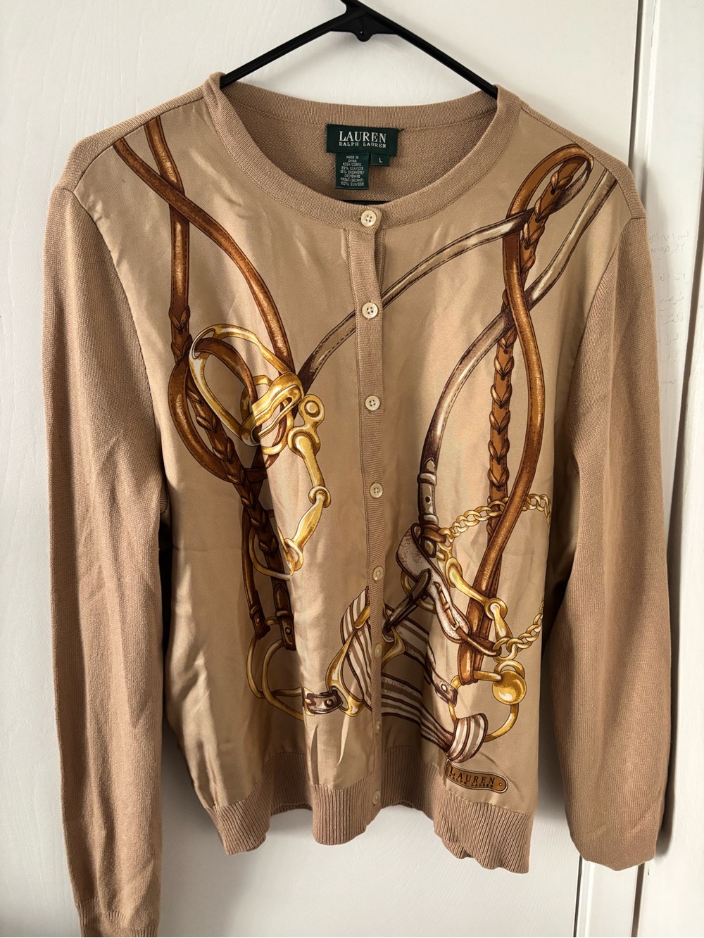 Lauren Ralph Lauren Beige Equestrian-Print Button Cardigan